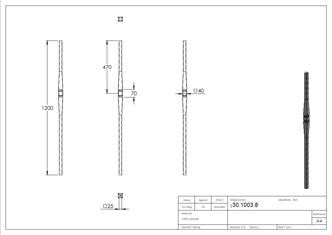 Anfangsstab - Laenge- 1200 mm - Material- 25x25 mm - Stahl S235JR- roh-30-1003.8