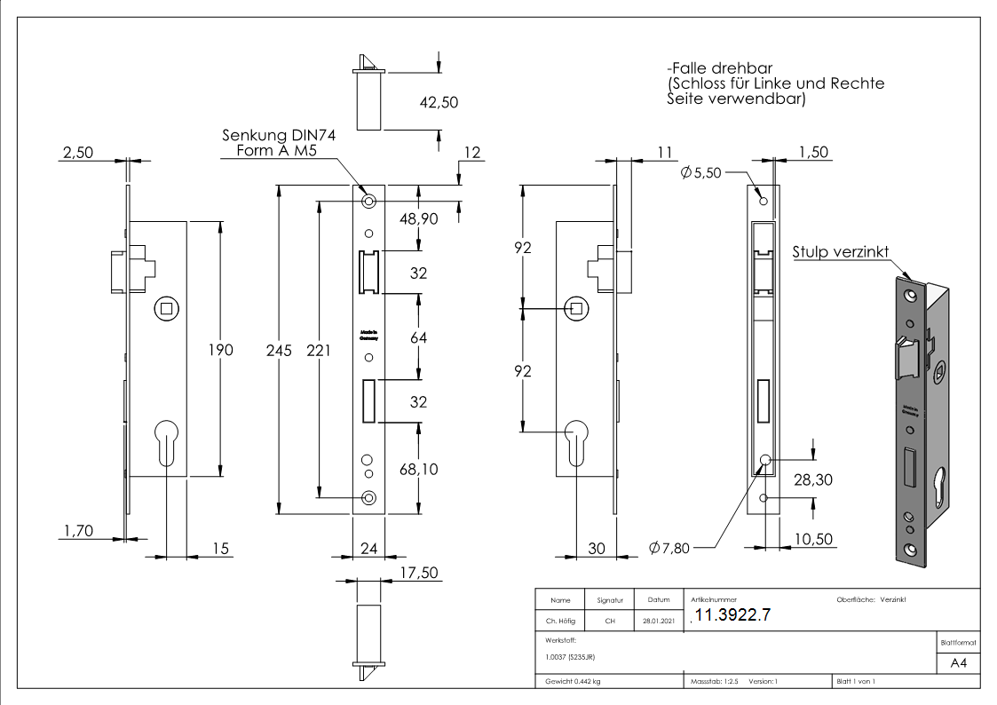 Rohrprofilschloss - Dornmass- 30 mm - Stahl -verzinkt- S235JR-11-3922.7