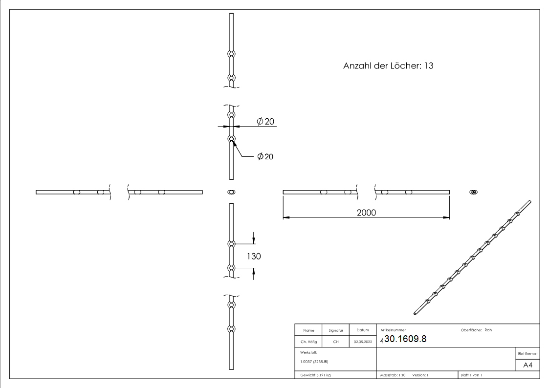 Lochleiste mit Rundloch Material- Ø 20 mm Laenge- 2000 mm Stahl -Roh- S235JR-30-1609.8