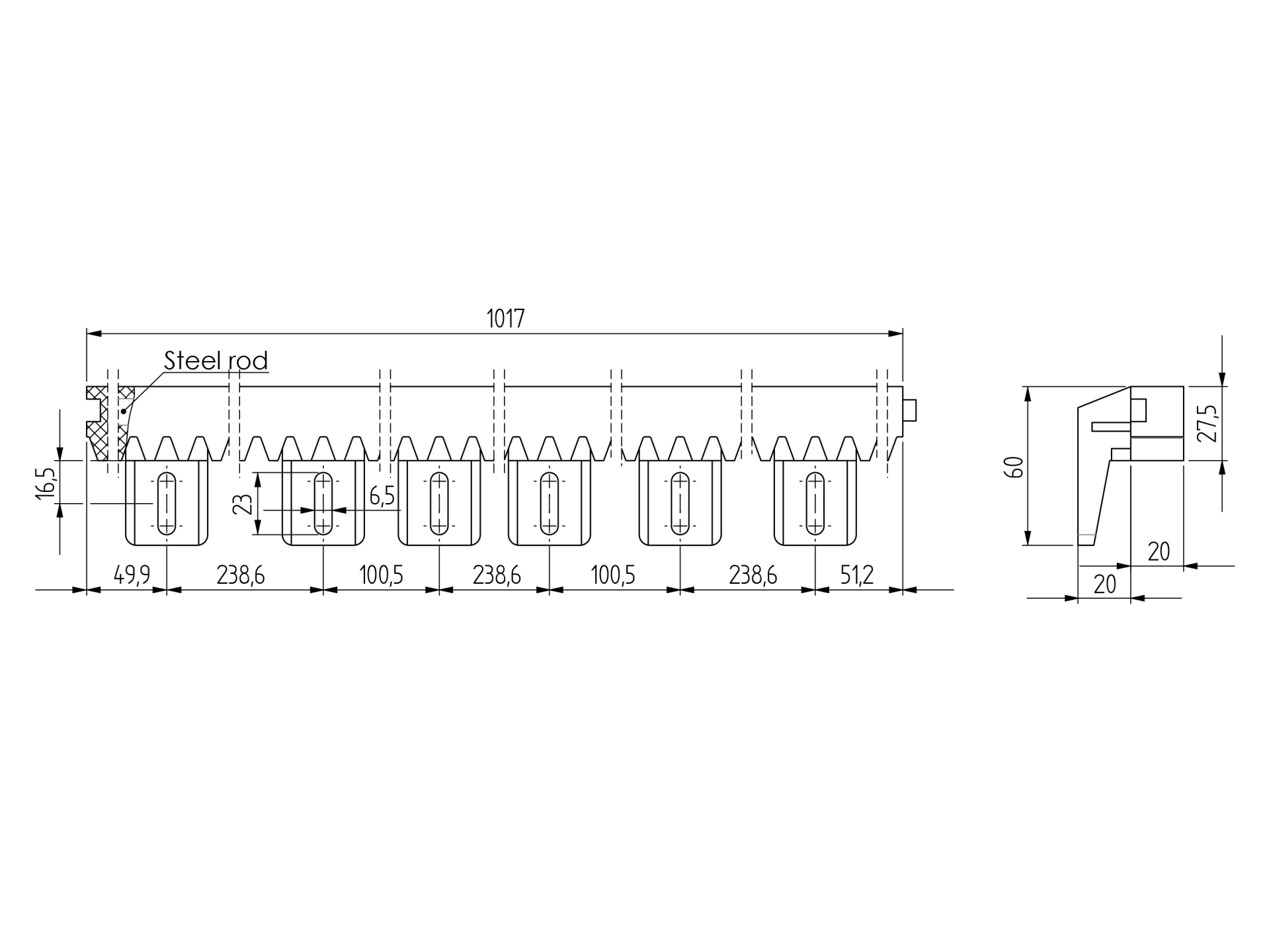 Zahnstange mit Stahlkern Kunststoff 27 x 20 mm L=1000 mm Modul 4-89-11H01PVCBS-A.4