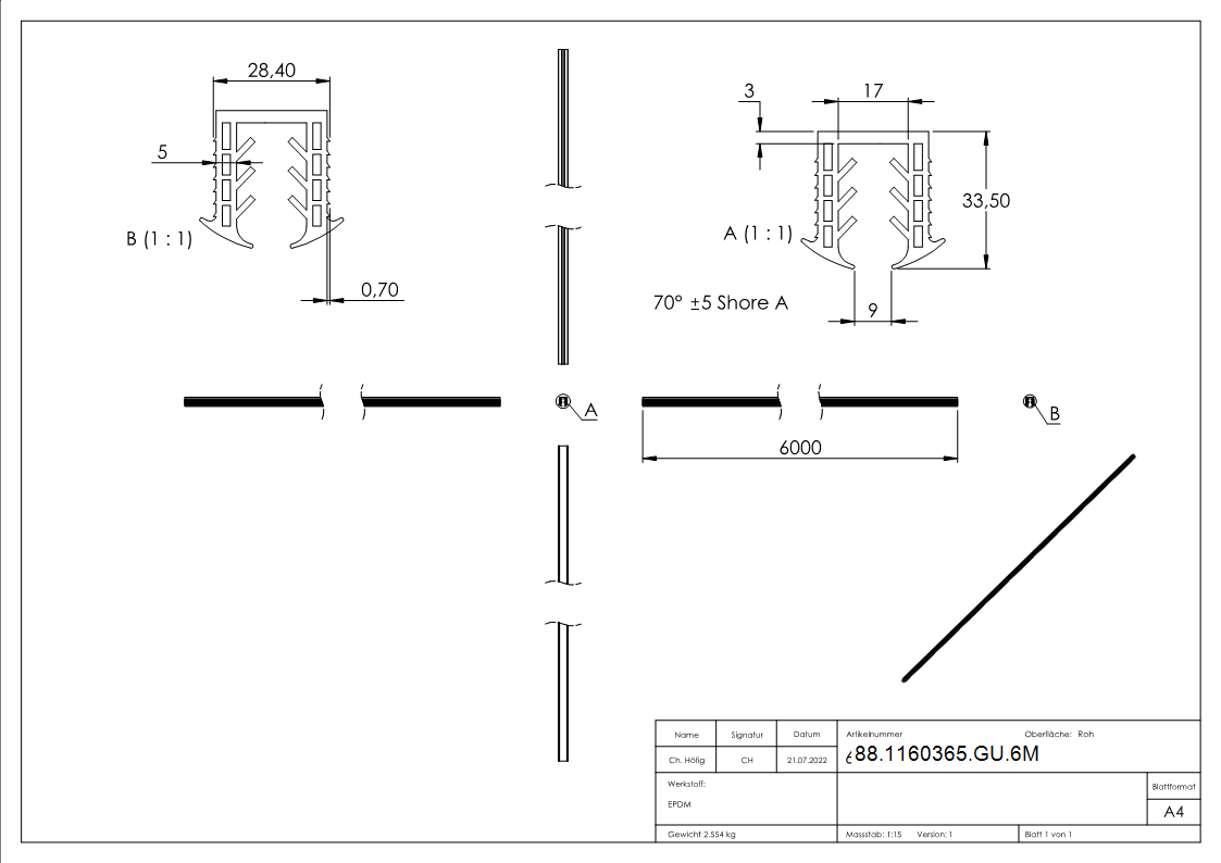 Keildichtung Glas 10-00 – 13-52mm- fuer Nut 27 x 30mm- Laenge 6m- EPDM-88-1160365-GU.6M