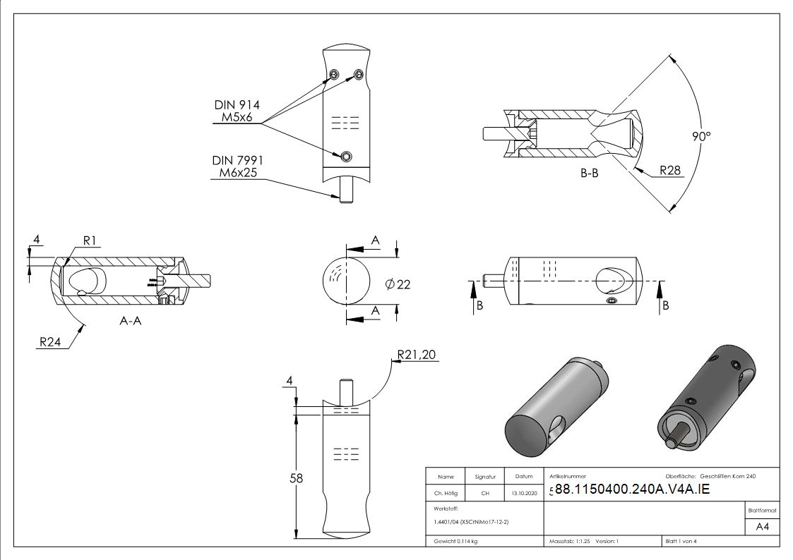 Querstabhalter Edelstahl V4A fuer Rohr Ø 42-4 mm- Bohrung Ø 12-2 mm- Innenecke-88-1150400-240A-V4A.IE