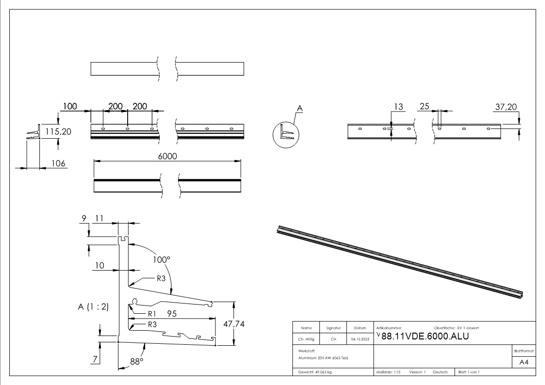 Vordachprofil eleganza canopy- L=6000mm- E4-EV1-88-11VDE-6000.ALU