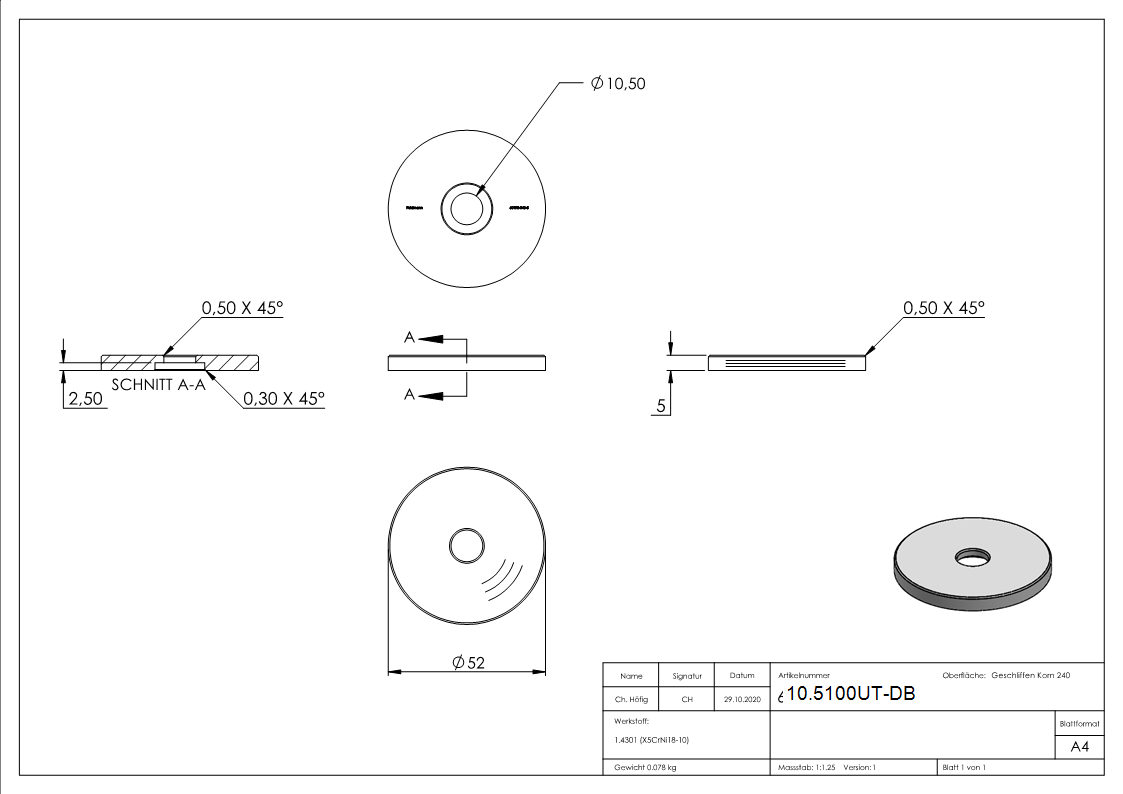 Glaspunkthalter-Unterteil Ø 52mm- V2A- Hoehe- 5 bis 50 mm-10.5100UT-DB