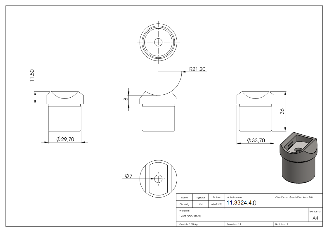 Rohrsattel zum Kleben fuer Rundrohr Ø 33-7x2-0 mm V2A-11-3324.4
