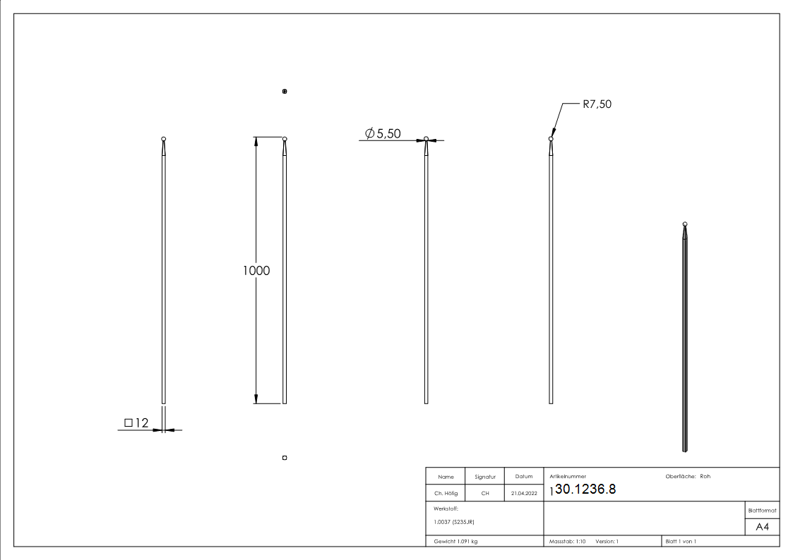 Zaunstab - Laenge- 1000 mm - Material 12x12 mm - Kugel Ø 16 mm - Stahl S235JR- roh-30-1236.8