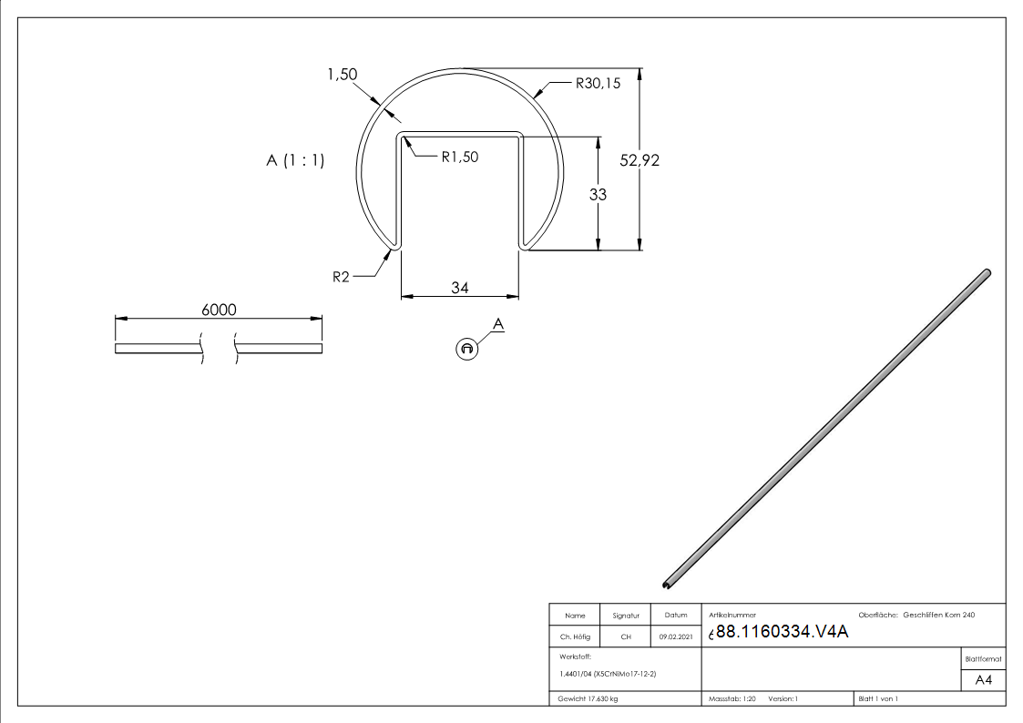 Nutrohr Edelstahl V4A Ø 60-3 x 1-5 mm L = 6000 mm Nut 34x34 mm-88-1160334.V4A