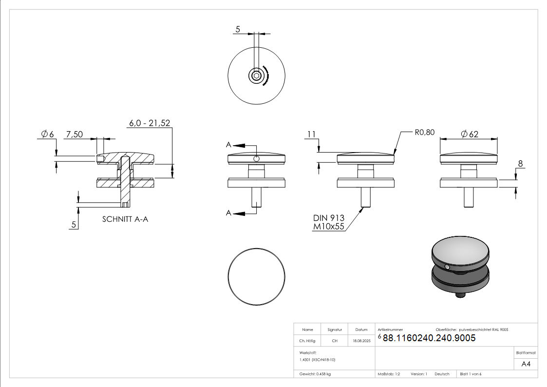 Glaspunkthalter 62mm- Anschluss- flach- V2A- pulverbeschichtet in RAL 9005 schwarz matt mit AbP-88-1160240-240.9005