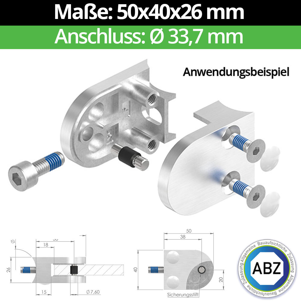 Glasklemme 50x40x26 mm AbZ fuer Anschluss Flach - Ø 33-7 mm - Ø 42-4 mm - Ø 48-3 mm - Ø 60-3 mm-10-MODELL30-33-4-7.1