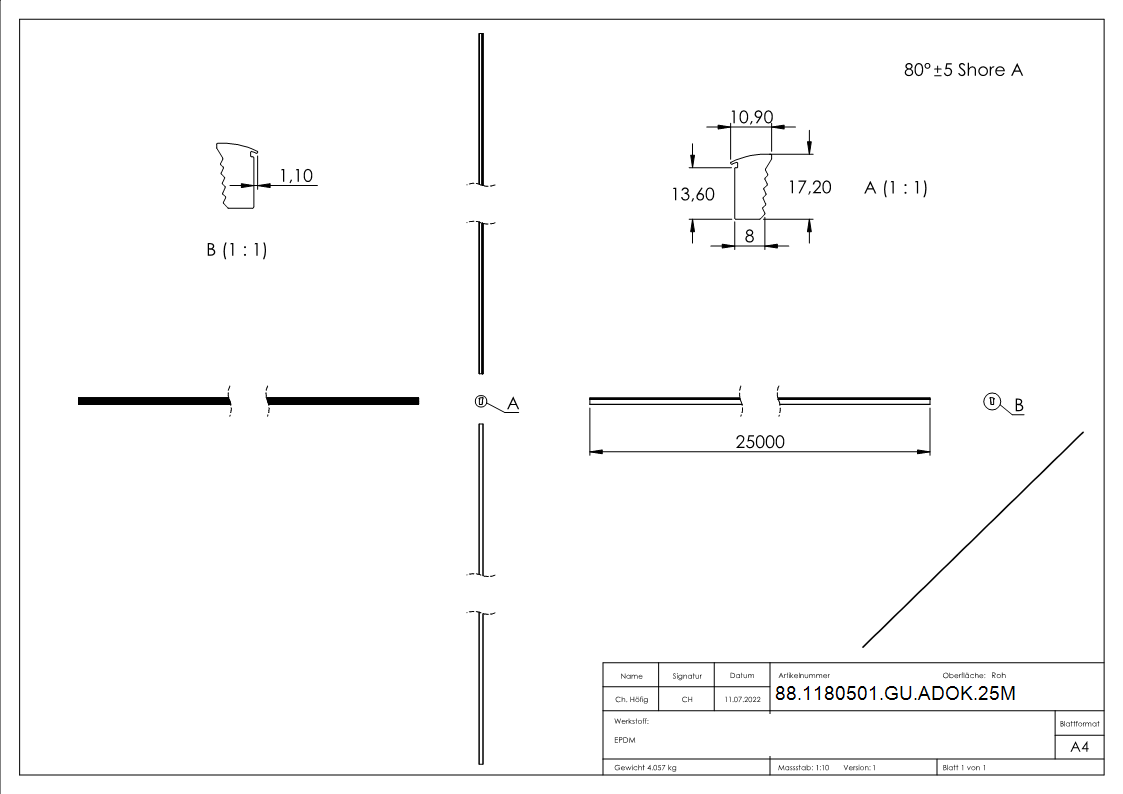 Abschlussdichtung oben EPDM fuer Glas 16-76–17-52 mm- L = 25 m- schwarz-88-1180501-GU-ADOK.25M