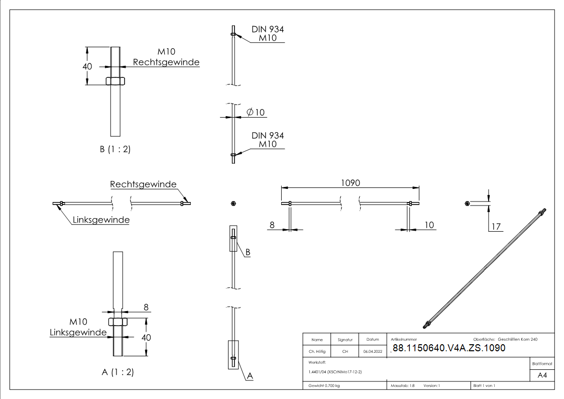Zugstange zu Vordachsystem- V4A-88-1150640-V4A-ZS.1090