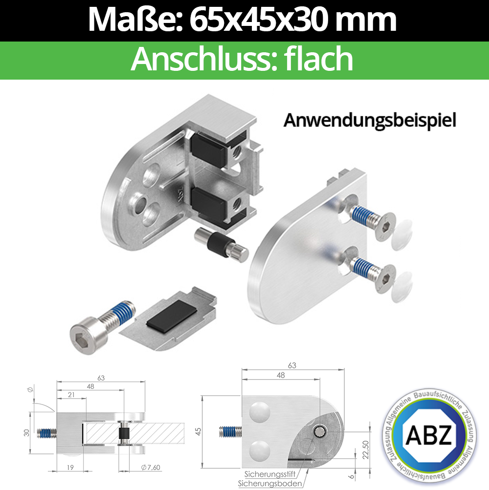 Glasklemme AbZ 63x45x30 mm Flach- fuer 12-76 mm VSG Glas- Nein - Ohne Sicherungsstift- Ja - mit Sicherungsboden-10-MODELL38-1-14-1.2