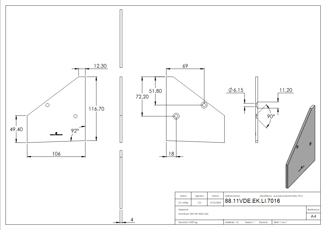 Endkappe Aluminium links RAL 7016 fuer Vordach eleganza canopy-88-11VDE-EK-LI.7016