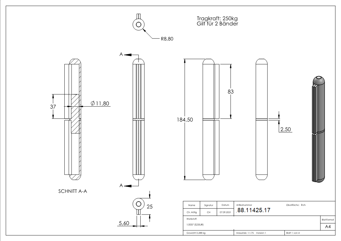 Anschweissband Stahl 2-teilig fester Zapfen Tragkraft 250 kg pro Paar-88-11425.17