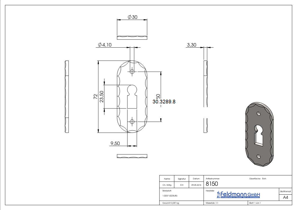 Rosette - Masse- 30x72x3 mm - Stahl S235JR- roh-30-3289.8