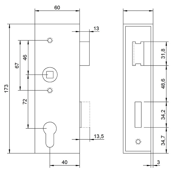Kastenschloss Edelstahl 30 x 60 x 172 mm geschliffen- verzinktes Schloss-30-3200.8
