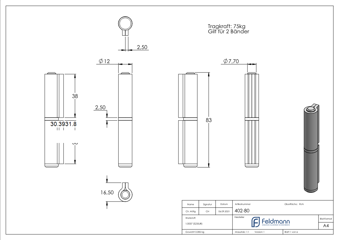 Anschweissband - 2-teilig - Tragkraft- 200kg - Stahl S235JR- roh-30-3931.8