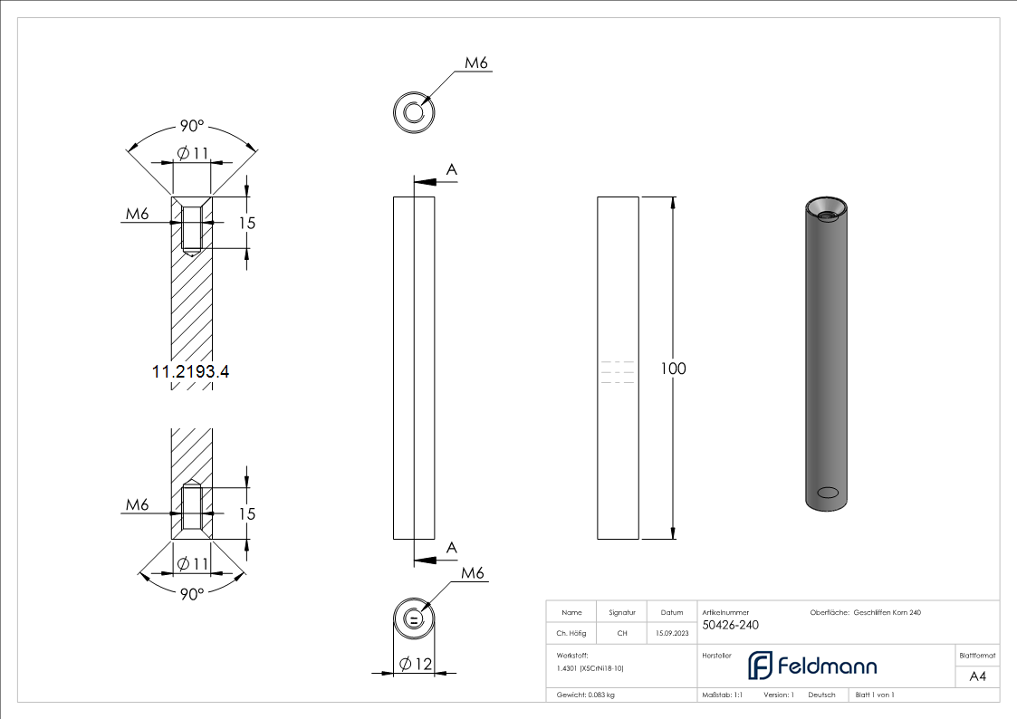 Edelstahl Traegerstift Ø 12 x 100 mm - 2x M6 Innengewinde -V2A-11-2193.4