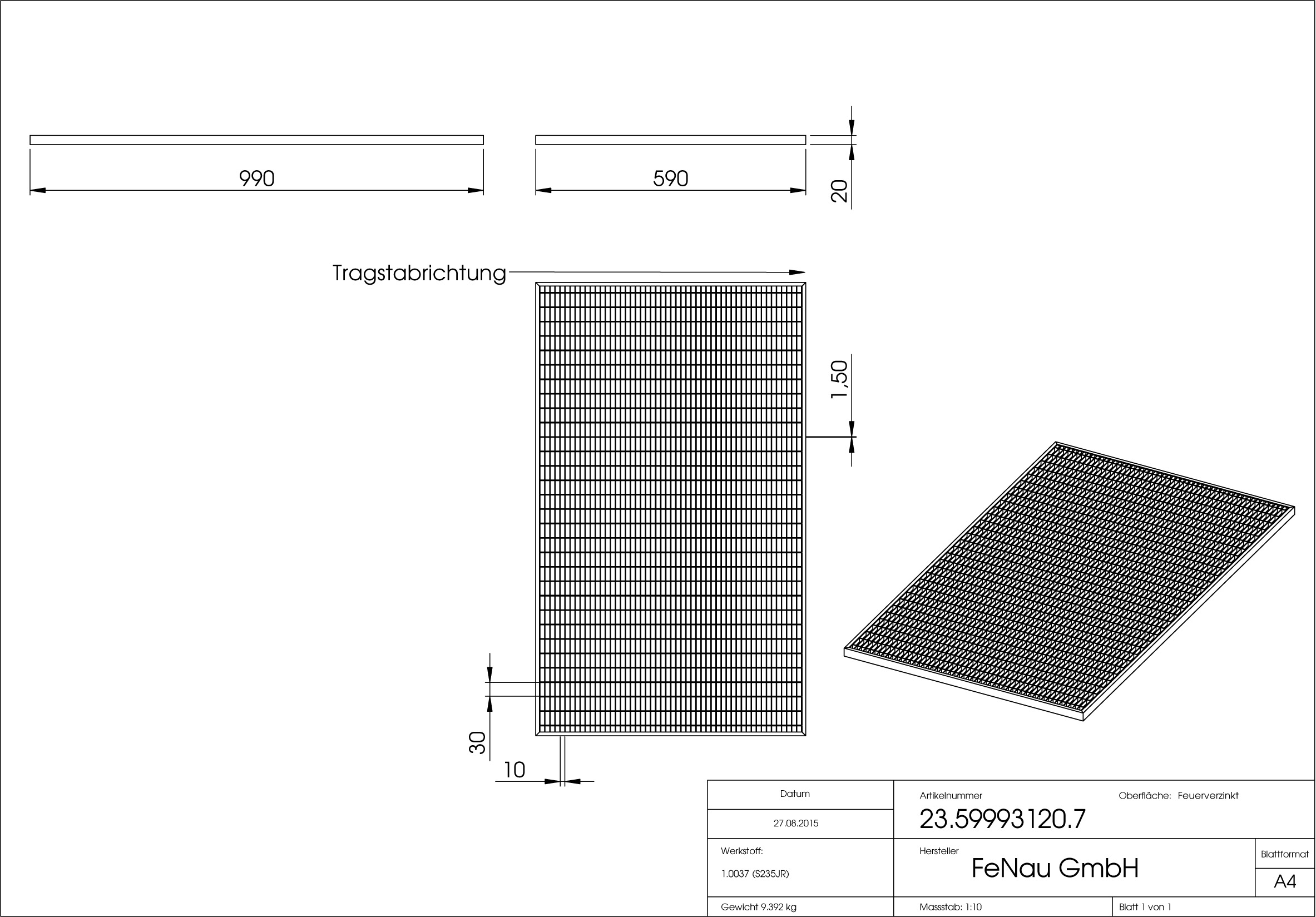 Lichtschachtrost Baunormrost - Masse-  590x990x20 mm 30-10 mm - aus S235JR -St37-2- im Vollbad feuerverzinkt-23-59993120.7
