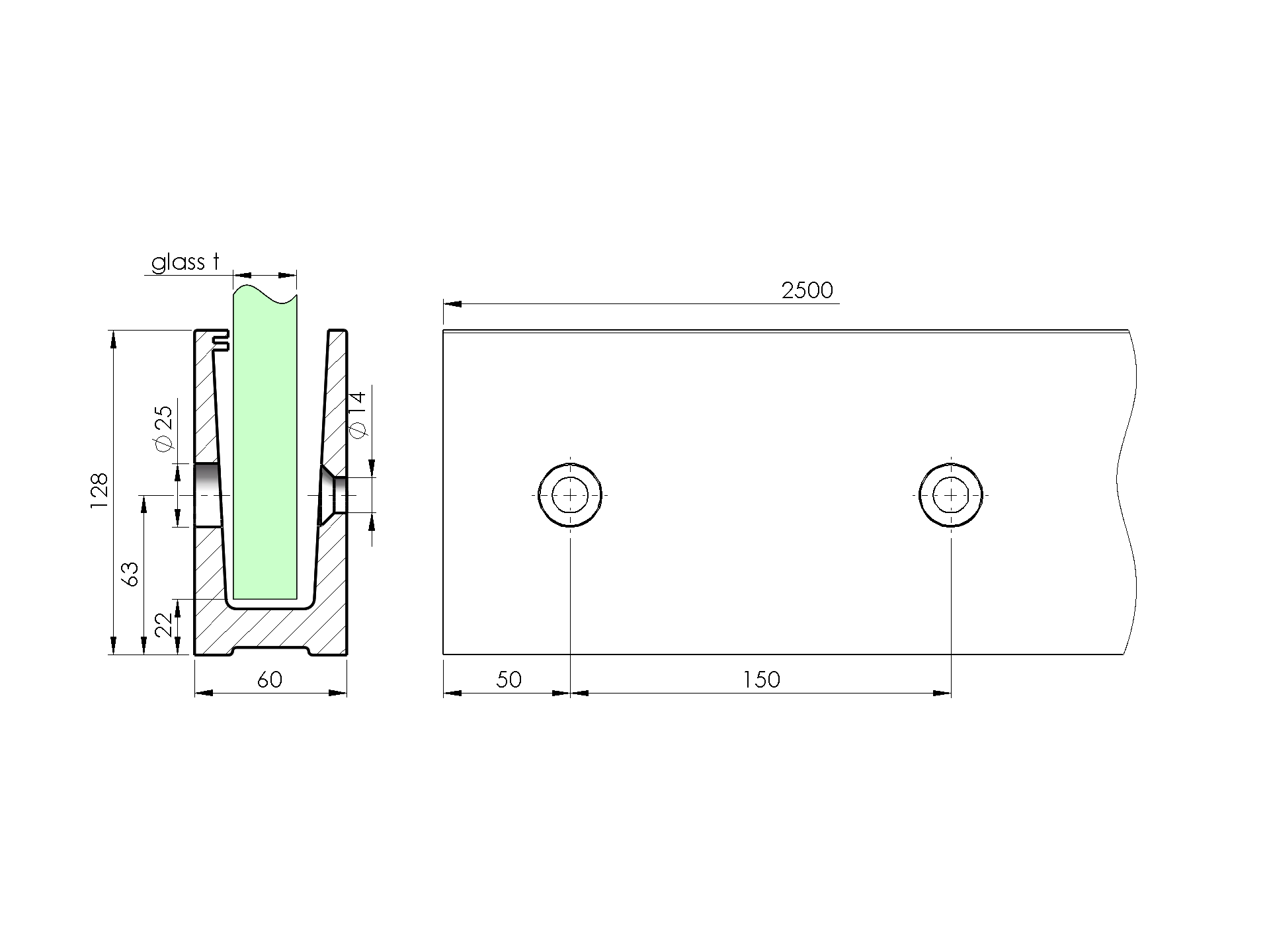 Aluprofil Ganzglasgelaender Seitenmontage Aluminium 2500 mm Glas 21-52-25-52 mm-89-11AL00092500SE-A.4