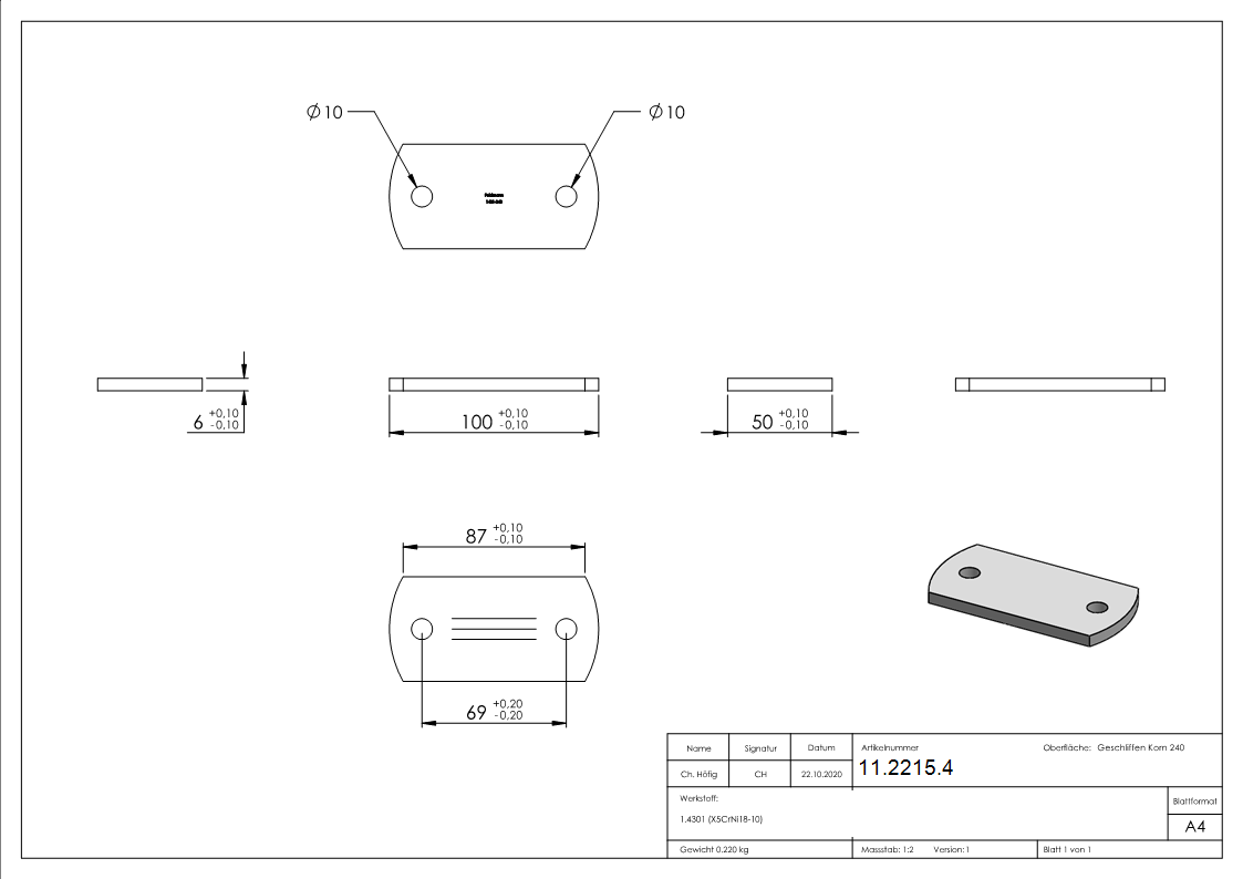 Ankerplatte Masse- 100 x 50 x 6 mm mit 2 Bohrungen á Ø 10 mm V2A-11-2215.4