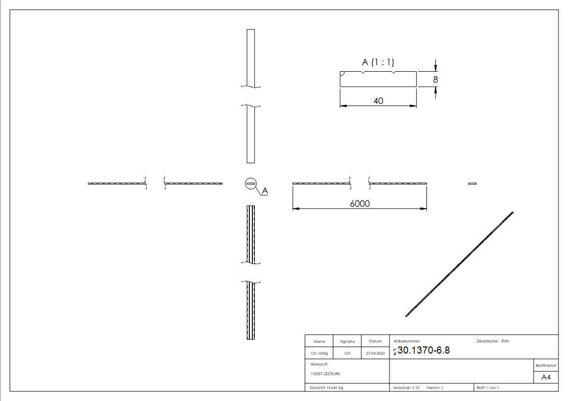 Flacheisen 40x8 mm 2-fach gerillt 6000mm Stahl S235JR roh Langmaterial-30-1370-6.8