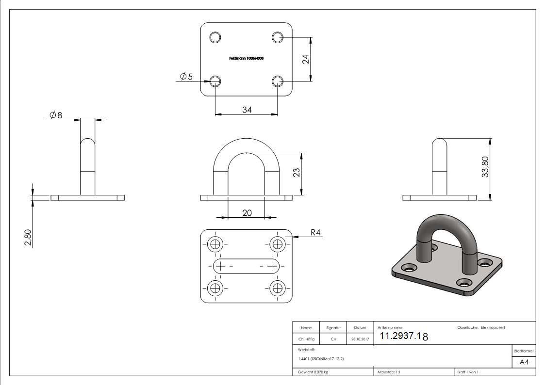 Befestigungsoese - Ø Oese- 8 mm - Platte- 50x40 mm - V4A-11-2937.1