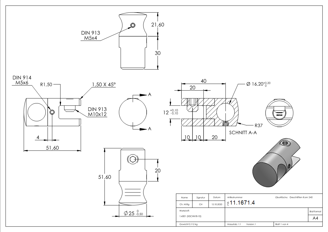 Querstab-Plattenhalter V2A Edelstahl Ø 25 mm – fuer Rundstaebe 16 mm inkl- Schrauben-11-1671.4