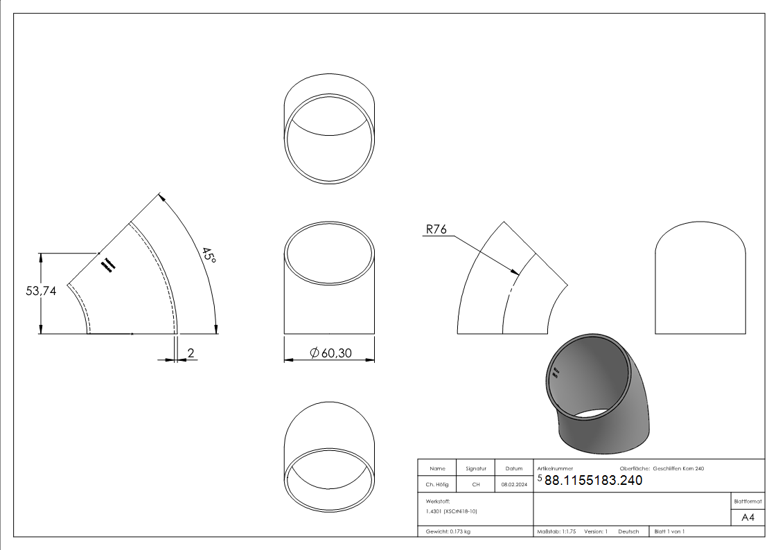 Schweissbogen Edelstahl V2A Ø 60-3 x 2-0 mm 45° geschliffen Korn 240-88-1155183.240