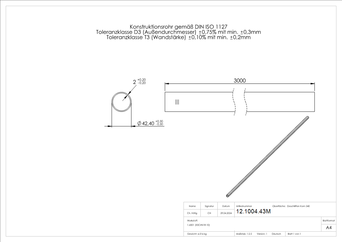 Rundrohr Ø 42-4x2-0 mm á 3 m V2A Edelstahl-12-1004.43M