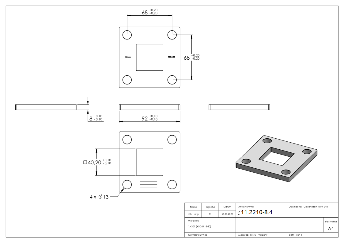 Ankerplatte Masse- 92 x 92 x 8 mm mit Zentrierbohrung- 40-2 x 40-2 mm V2A-11-2210-8.4