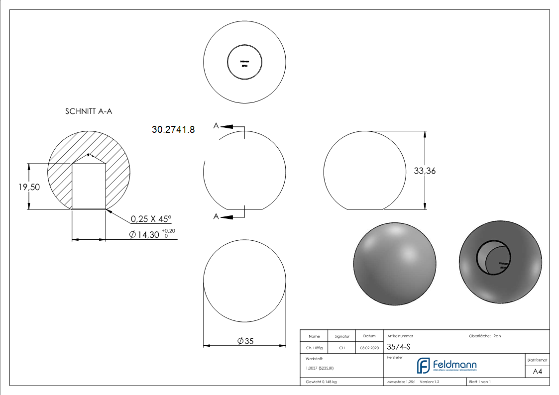 Kugel Ø 35 mm - mit Sackloch 14-2 mm - Stahl S235JR- roh-30-2741.8