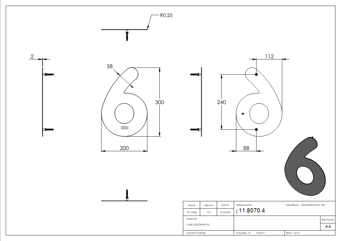 Hausnummer 6 - gross - Masse- 200 mm x 300 mm - V2A-11-8070.4