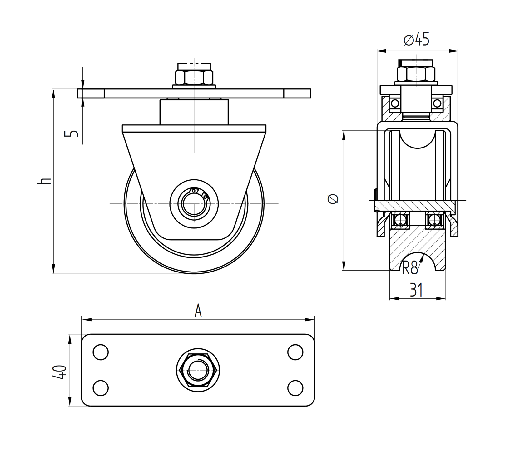 Lenkrolle Stahl verzinkt Ø 78 mm mit U-Rille und Anschraubplatte-89-11H31U80PL-A.4