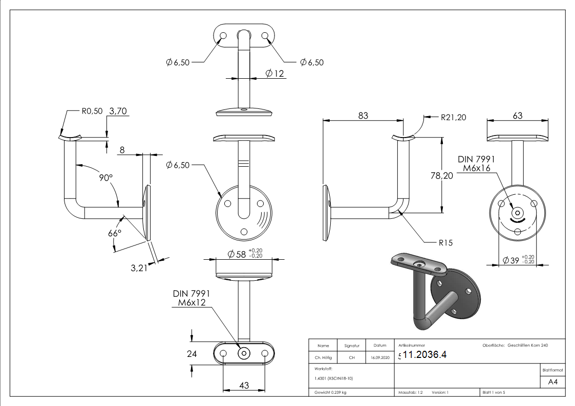 Handlaufhalter V2A fuer Rohr 42-4 mm Wandabstand 85 mm verschraubt-11-2036.4