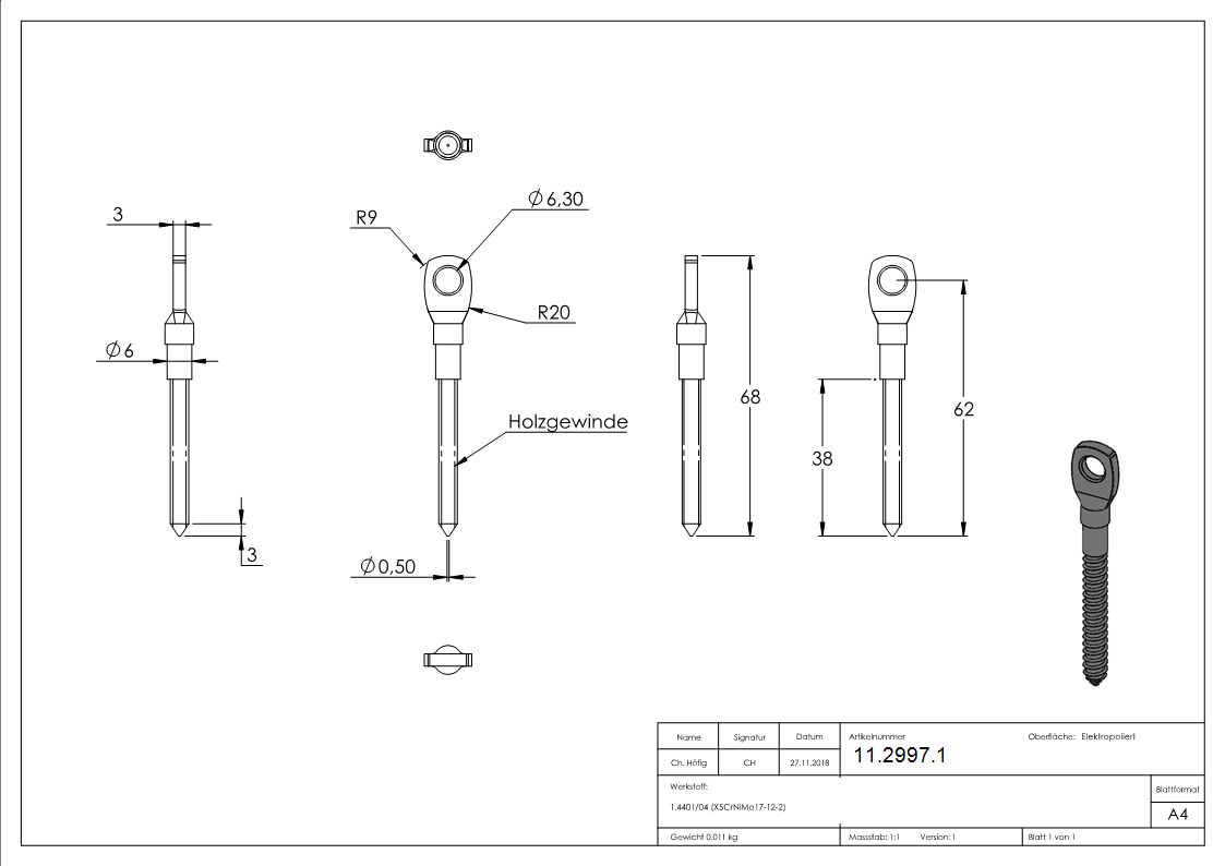 Augenschraube mit Holzgewinde M6 V4A-11-2997.1