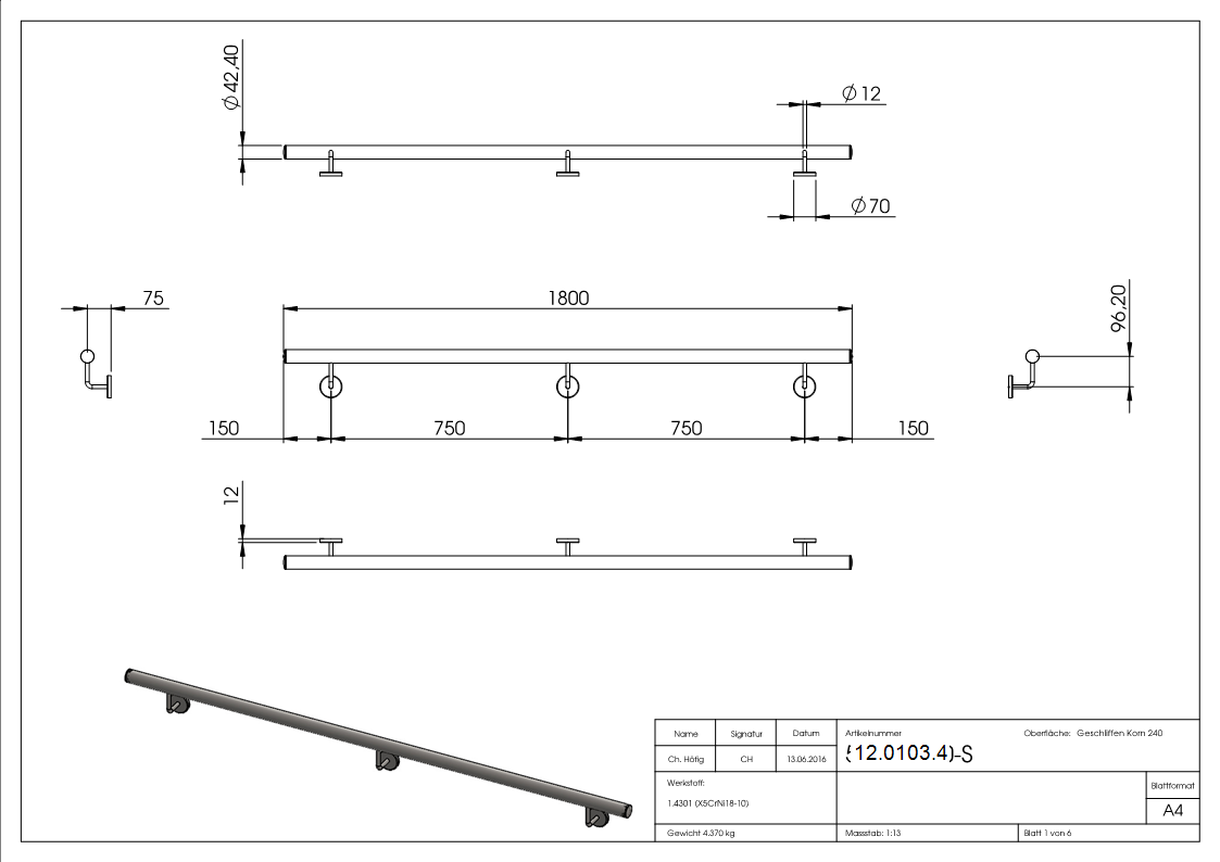 Handlauf montagefertig Laenge- 1800 mm Rundrohr- Ø 42-4 mm V2A-12-0103.4