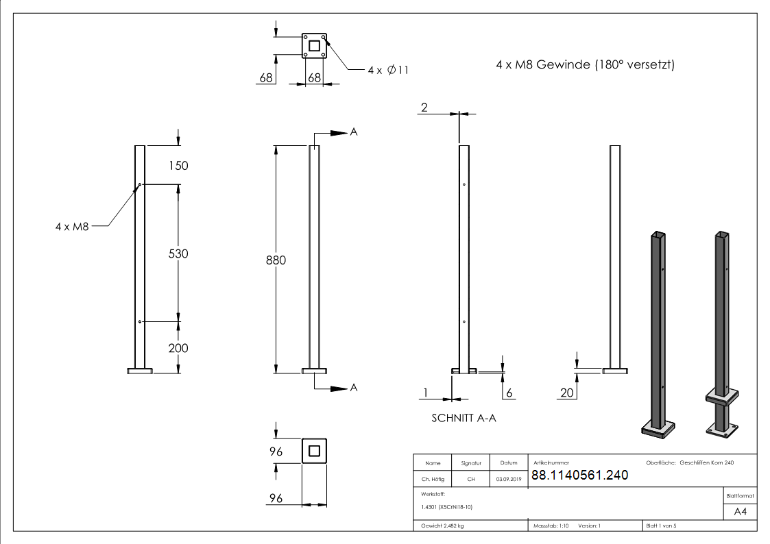 Edelstahlpfosten V2A 40 x 40 x 2-0 mm H- 880 mm zur Bodenmontage-88-1140561.240