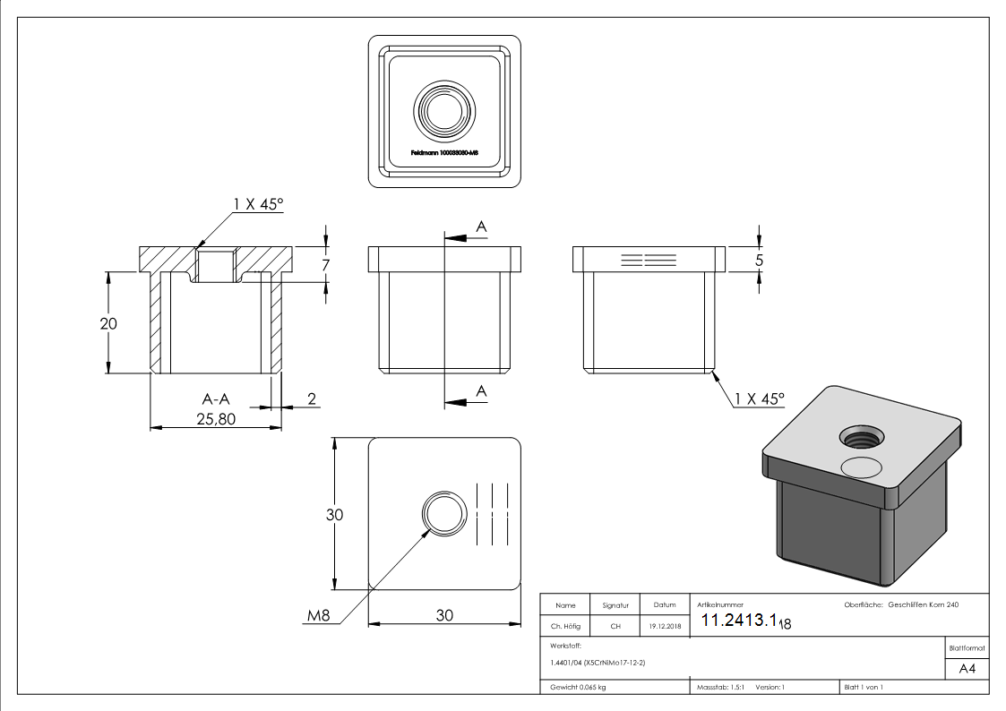 Einsteckkappe V4A Edelstahl fuer Quadratrohr 30x30x2-0 mm mit M8 Gewinde-11-2413.1