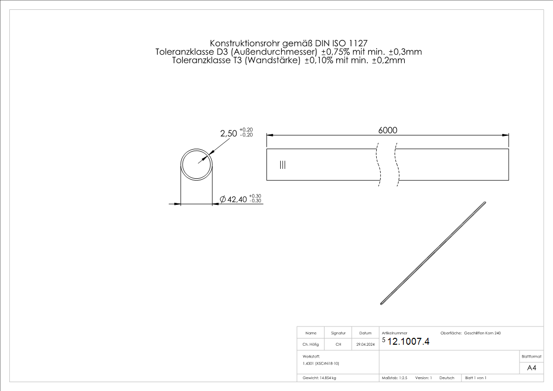 Rundrohr Ø 42-4 x 2-6 mm á 6 m Edelstahl-12-1007.4