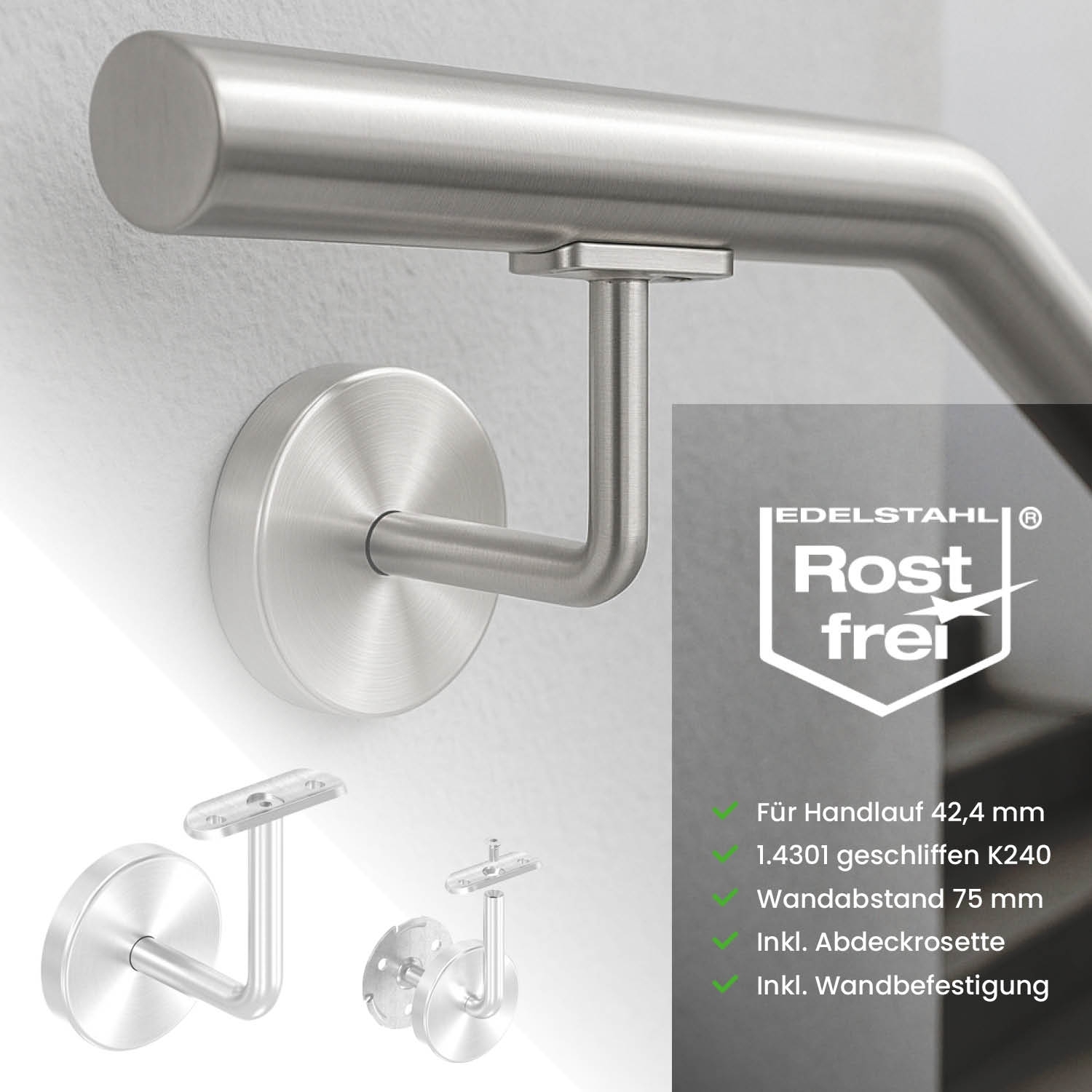 Wandhandlaufhalter V2A fuer D42-4 mm geschliffen mit Rosette-11-2081-A.4