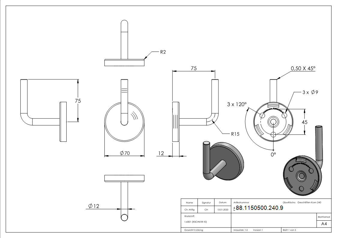 Handlaufhalter V2A Wandabstand 75 mm- Buegel 12 mm- Ronde 70 mm Anschweissen- Abdeckrosette-88-1150500-240.9