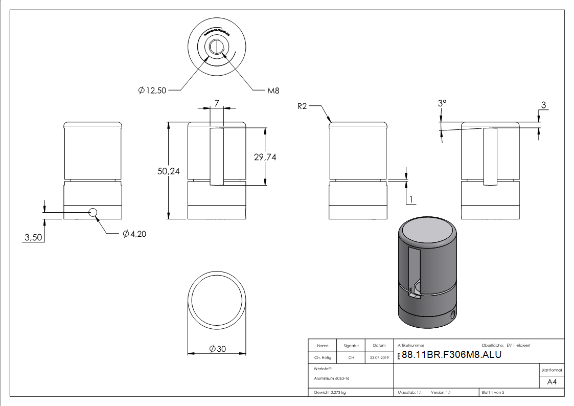 BRENK-fix® Grundhalter fuer Flachstaebe 30 x 6mm- ALU-88-11BR-F306M8.ALU