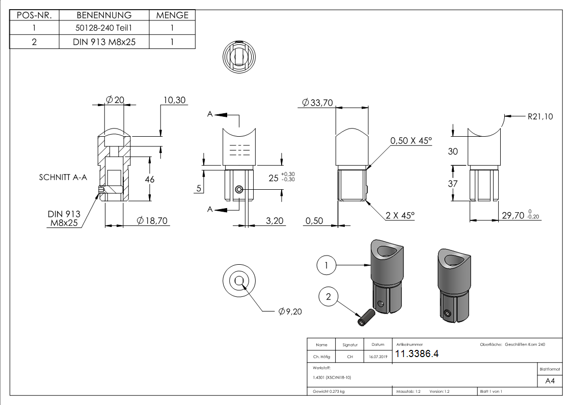 Rohrverbinder 90° V2A fuer Ø 33-7 mm Rohr auf Ø 42-4 mm mit Klemmschraube-11-3386.4