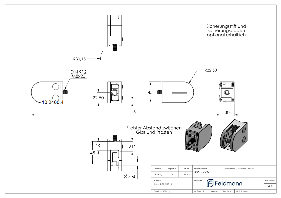 Glasklemme 63x45x30 mm AbZ fuer Anschluss Ø 60-3 mm V2A-10-2460.4
