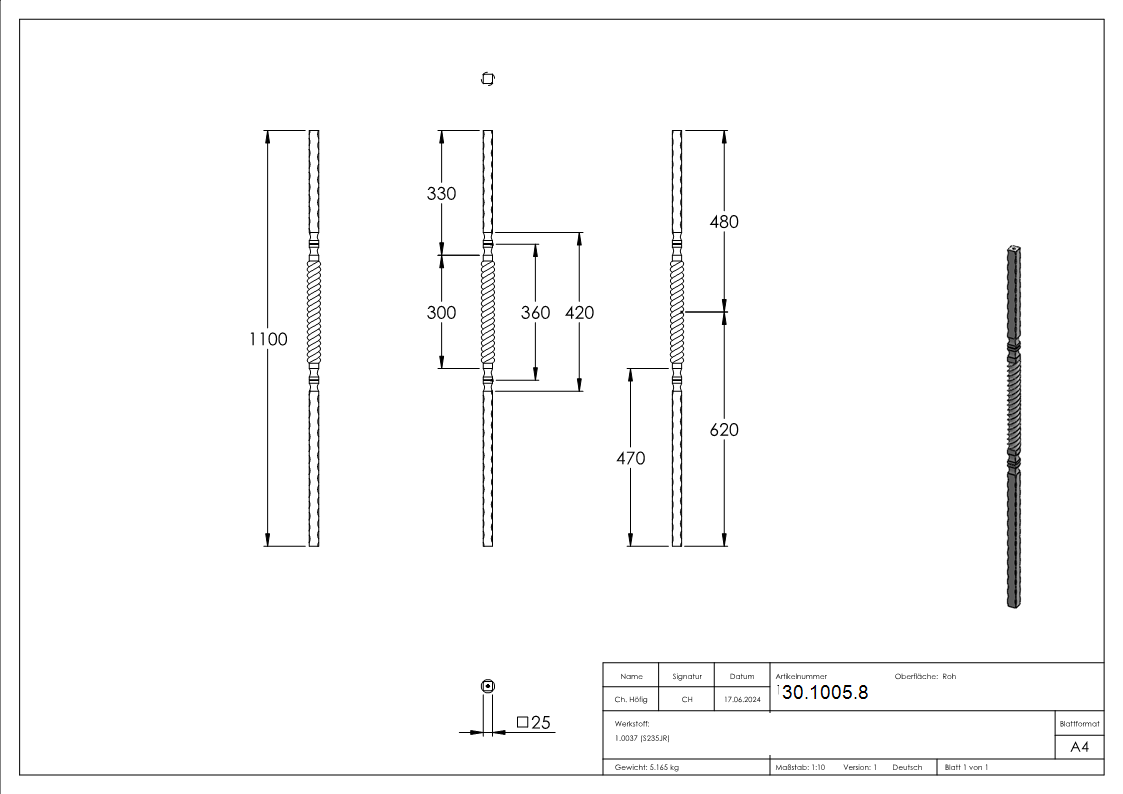 Anfangsstab - Laenge- 1200 mm - Material- 25x25 mm - Stahl S235JR- roh-30-1005.8