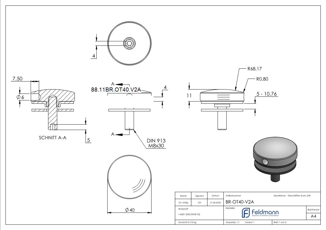 BRENK-fix® Oberteil Ø 40mm zu Glas-Halter- V2A-88-11BR-OT40.V2A