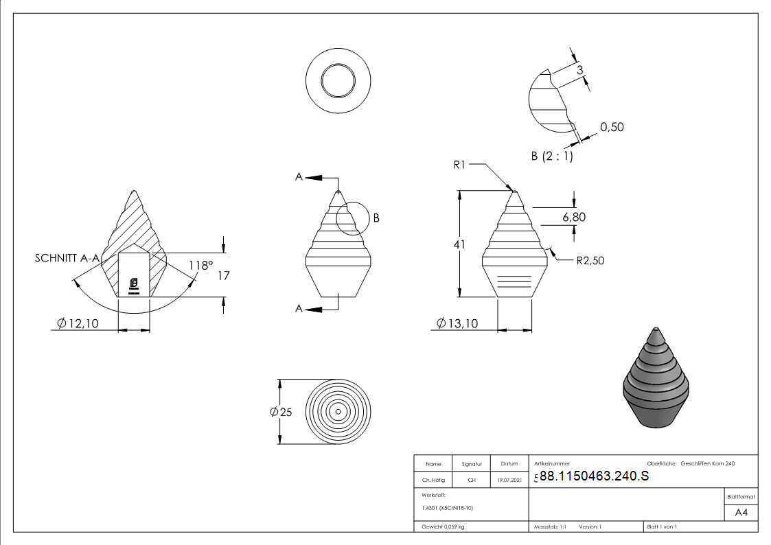 Zierspitze Edelstahl V2A fuer Ø 12-0 mm Rundmaterial geschliffen Korn 240-88-1150463-240.S