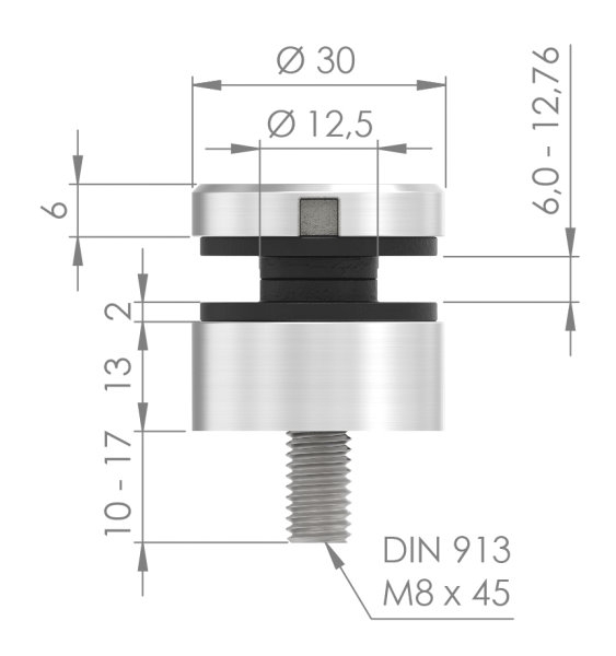 Glaspunkthalter V2A Ø 30 mm flach Klemmbereich 6-12-76 mm Gewinde M8 inkl- Gummi-10-5000.4