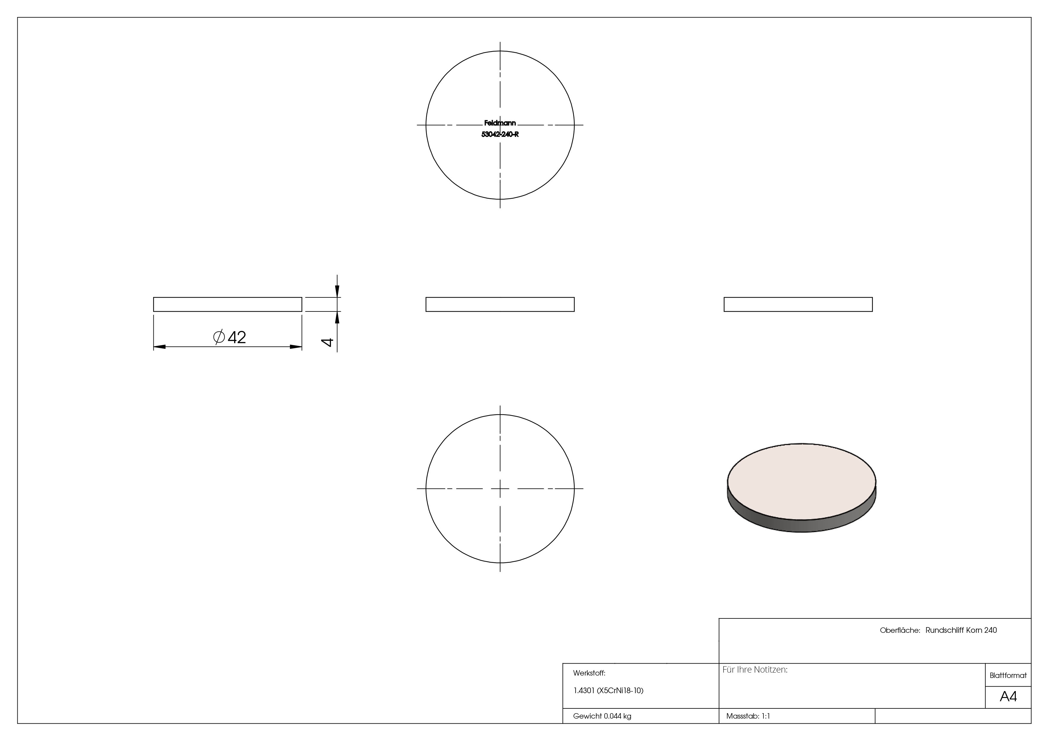 Ronde - Masse- Ø 42x4 mm - mit Rundschliff - V2A-11-2234R.4